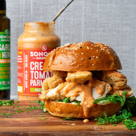 5-minute tomato parm fried chicken sando made with Sonoma Gourmet