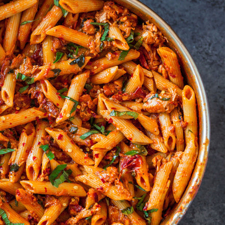 Creamy chicken pasta with sundried tomatoes made with Sonoma Gourmet