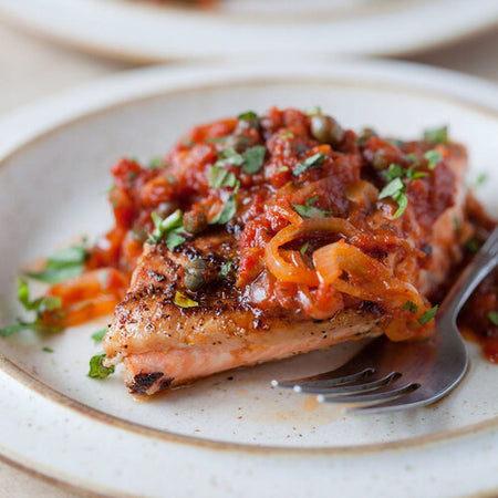 Pan-roasted salmon with tomato sauce made with Sonoma Gourmet
