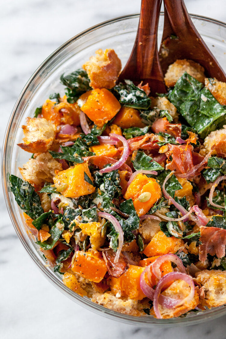 Squash & prosciutto panzanella salad made with Sonoma Gourmet