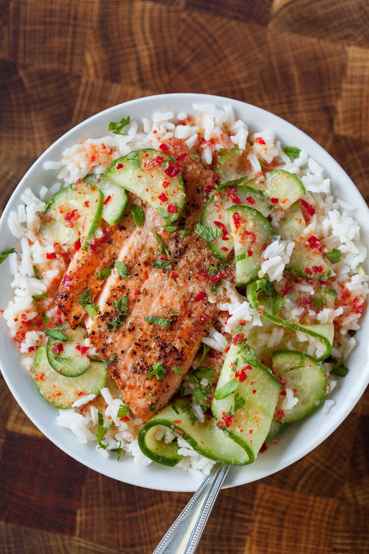 Spicy salmon rice bowl made with Sonoma Gourmet