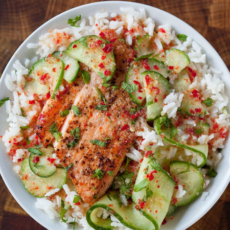 Spicy salmon rice bowl made with Sonoma Gourmet