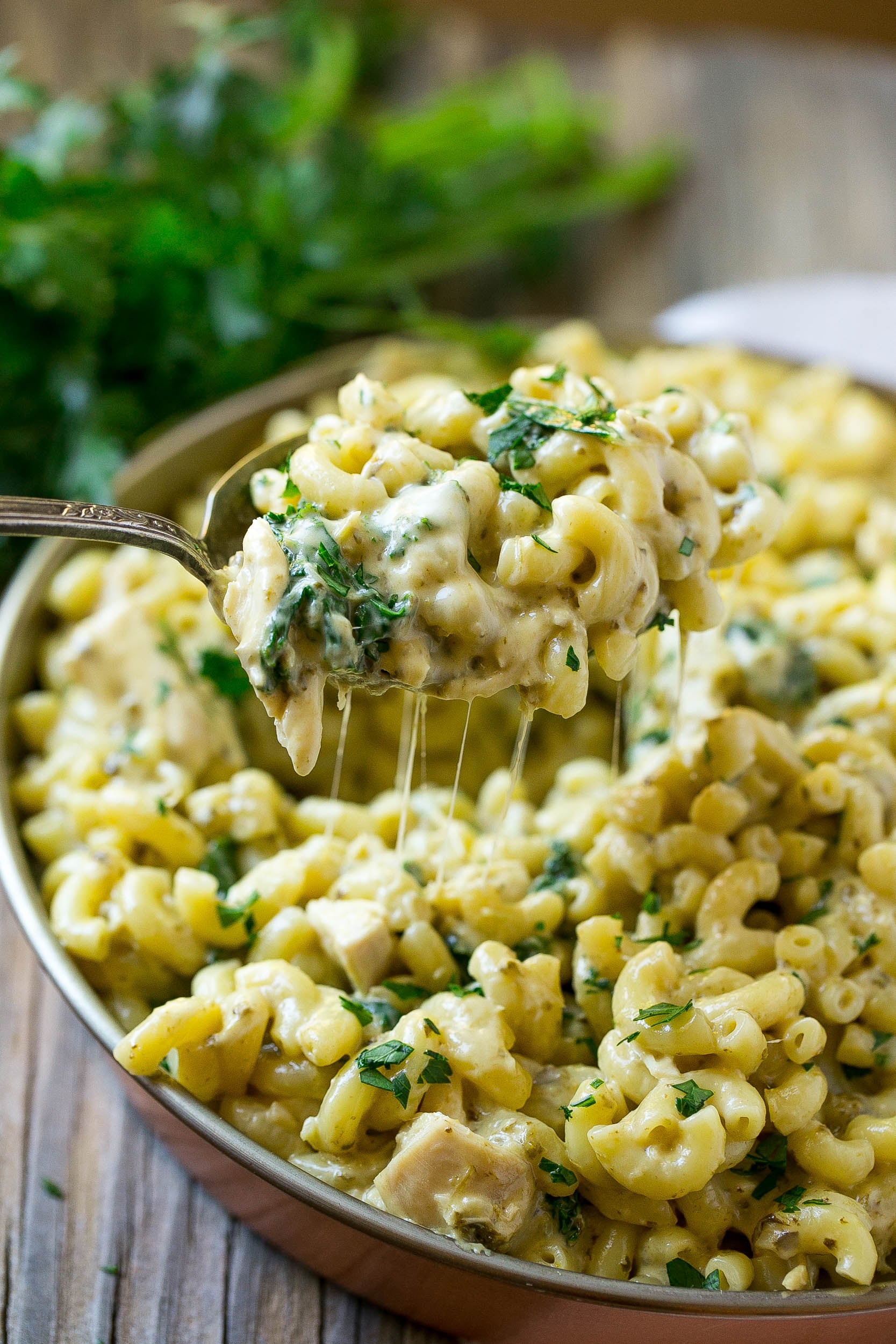 Chicken & kale pesto white cheddar mac & cheese made with Sonoma Gourmet
