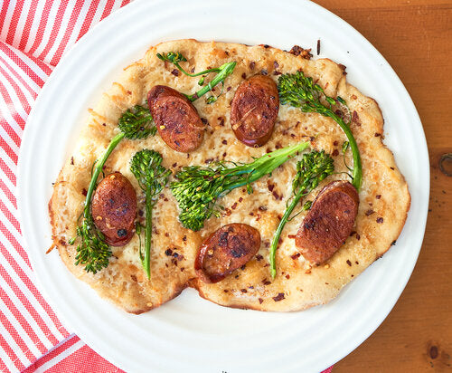 White broccolini & sausage pizza made with Sonoma Gourmet