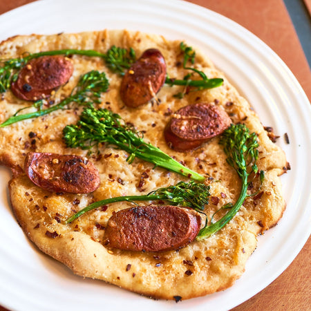 White broccolini pizza w/ crème fraîche made with Sonoma Gourmet