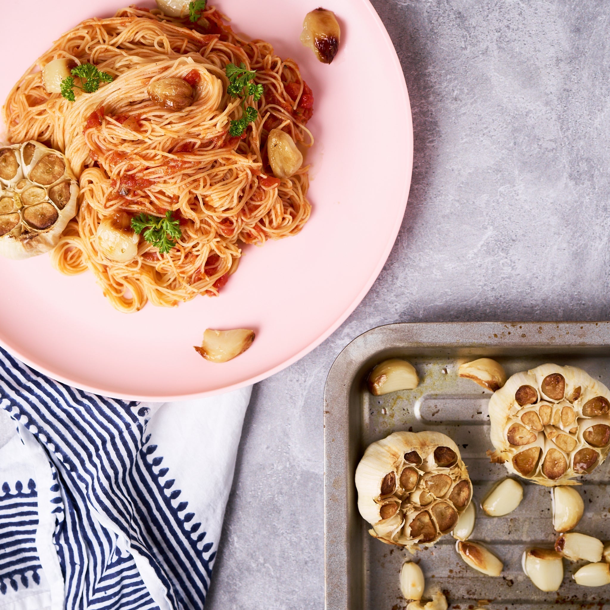 Roasted garlic angel hair pasta made with Sonoma Gourmet