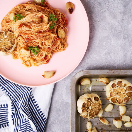 Roasted garlic angel hair pasta made with Sonoma Gourmet