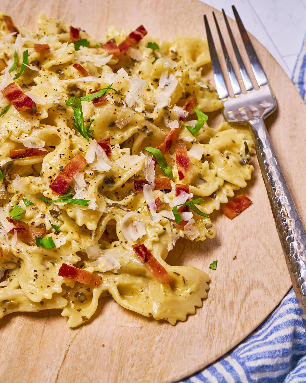 Bow tie pasta with bacon & parmesan made with Sonoma Gourmet