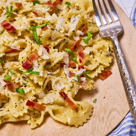 Bow tie pasta with bacon & parmesan made with Sonoma Gourmet