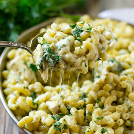 Chicken & kale pesto white cheddar mac & cheese made with Sonoma Gourmet